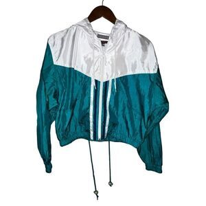 Women's Vintage Indications Turquoise & White Sporty Cropped Windbreaker Jacket